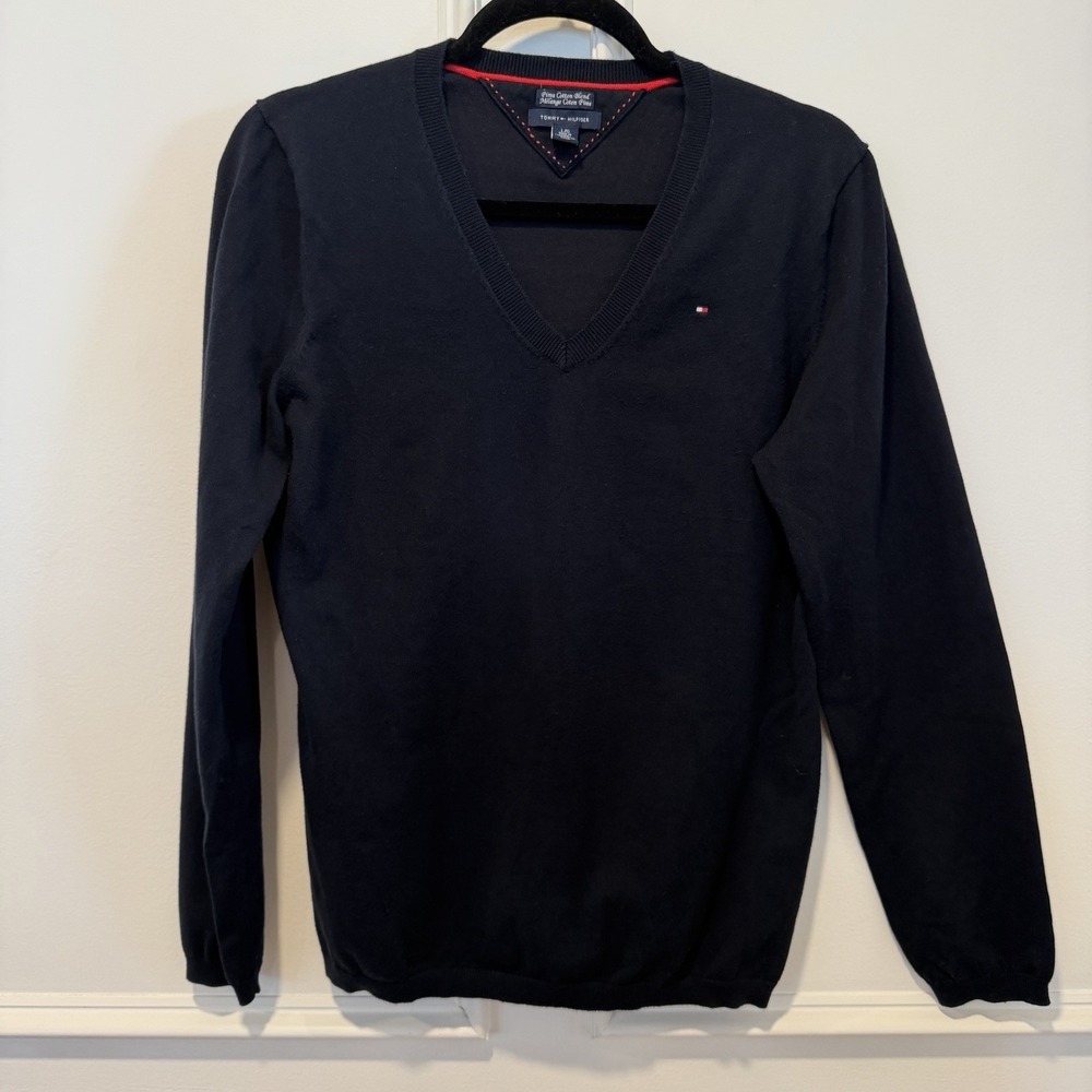 Tommy Hilfiger Women's Size L/G Navy Blue V-Neck Sweater Pima Cotton Long Sleeve